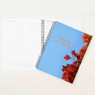 "2026" Red Maple Leaves  Blue Background Planner