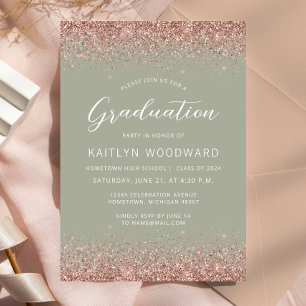 2026 Sage Green Rose Gold Glitter Graduation Party Invitation