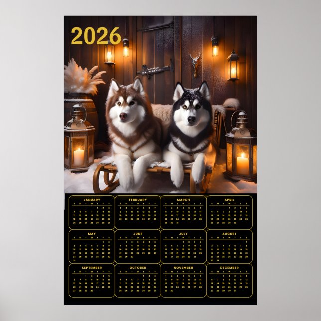 2026 Siberian Huskies on Sled Calendar Poster (Front)