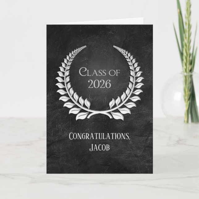 2026 Silver Graduation Laurel Wreath on Leather Card (Front)