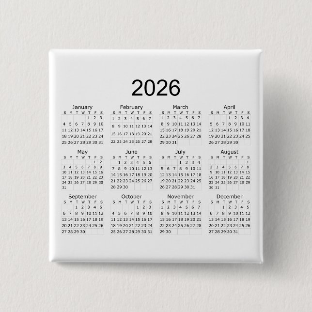 2026 Simple Minimalist Calendar 15 Cm Square Badge (Front)