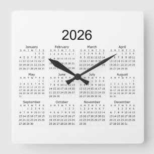 2026 Simple Minimalist Calendar Square Wall Clock