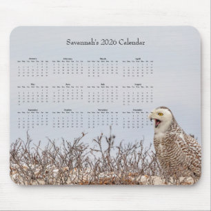 2026 Snowy Owl Full-Year Customizable Calendar  Mouse Pad