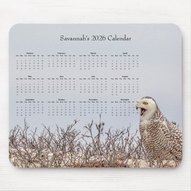 2026 Snowy Owl Full-Year Customizable Calendar  Mouse Pad (Front)