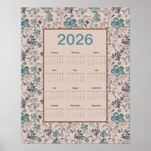2026 Teal Flowers Calendar Poster