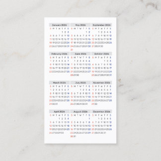 2026 Wallet Size Calendar SUNDAY Start Business Ca Card