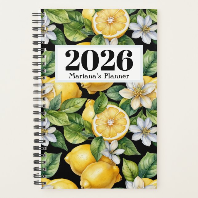 2026 watercolor lemons with flowers pattern planner (Front)