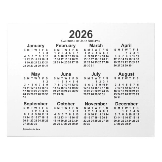 2026 White Calendar by Janz 11x8.5 Notepad (Front)