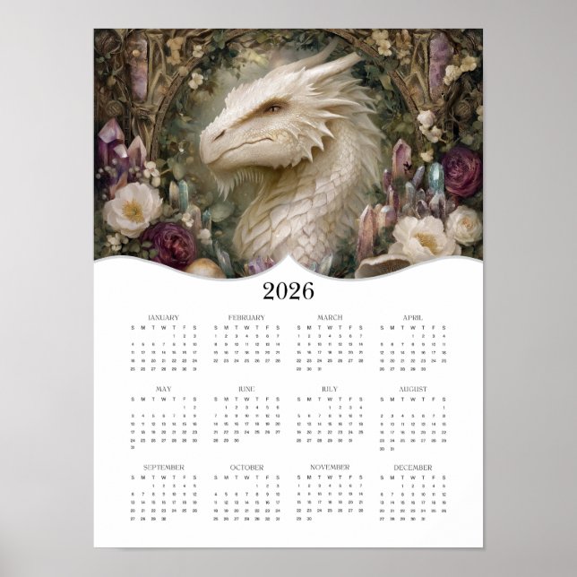 2026 White Dragon Fantasy Art Full Year Calendar Poster (Front)