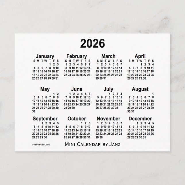2026 White Mini Calendar by Janz Postcard (Front)