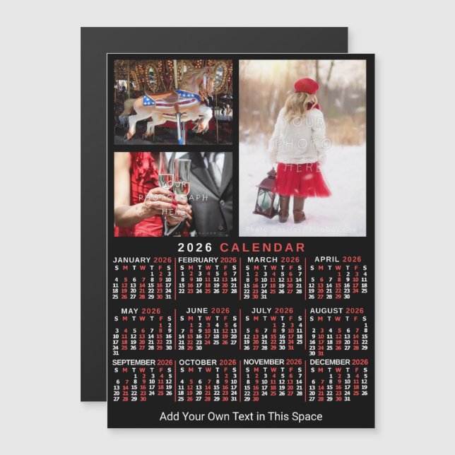 2026 Year Calendar Black Red Personalized Photo Magnetic Invitation (Front/Back)