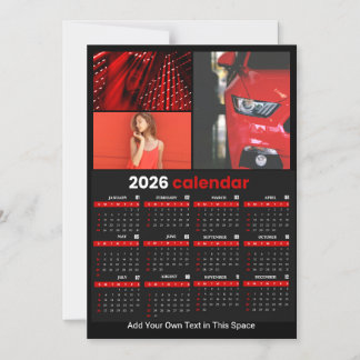2026 Year Calendar Black Red Personalized Photo Magnetic Invitation