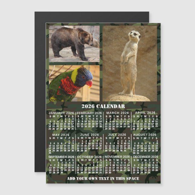 2026 Year Calendar Camouflage Add 3 Custom Photos Magnetic Invitation (Front/Back)