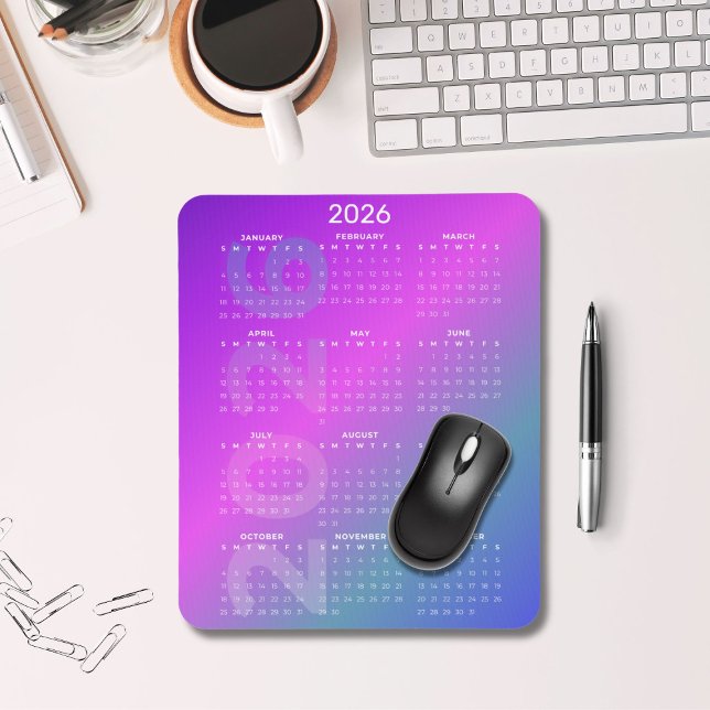 2026 Year Calendar Gradient Background Vertical  Mouse Pad (2026 Full Year Calendar Mousepad Pink Blue Gradient)