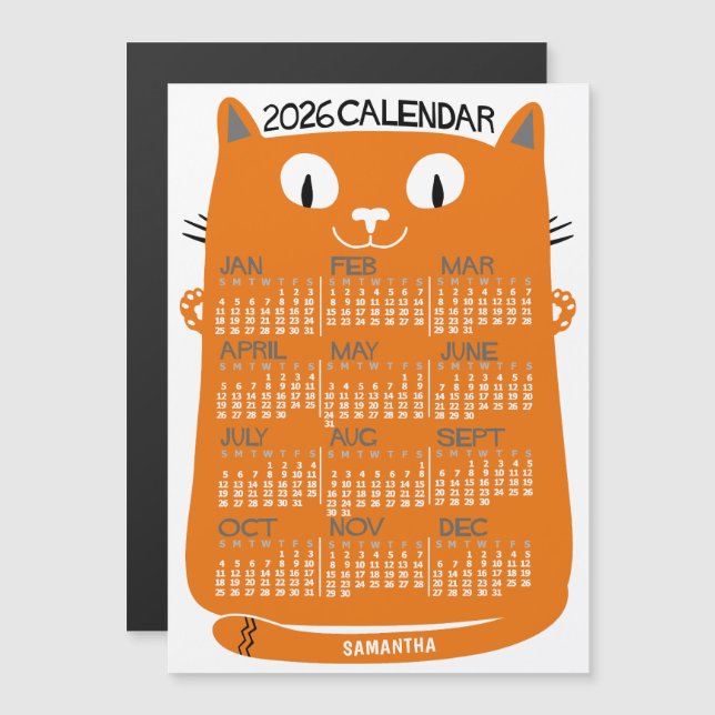 2026 Year Calendar Mid-Century Orange Cat Monthly Magnetic Invitation (Front/Back)