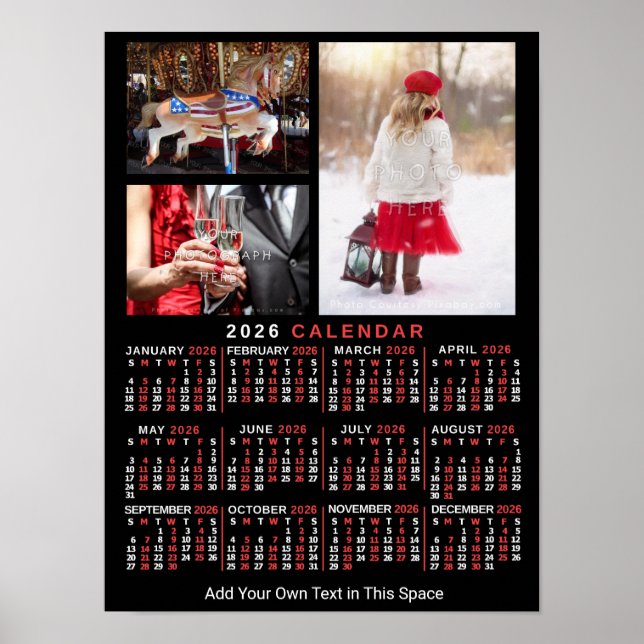 2026 Year Monthly Calendar Black Custom 3 Photos Poster (Front)