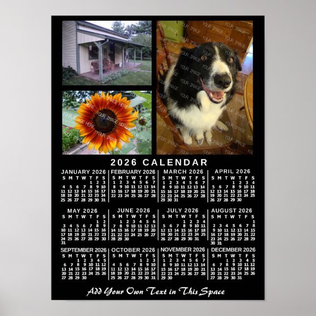 2026 Year Monthly Calendar Black Custom 3 Photos Poster (Front)
