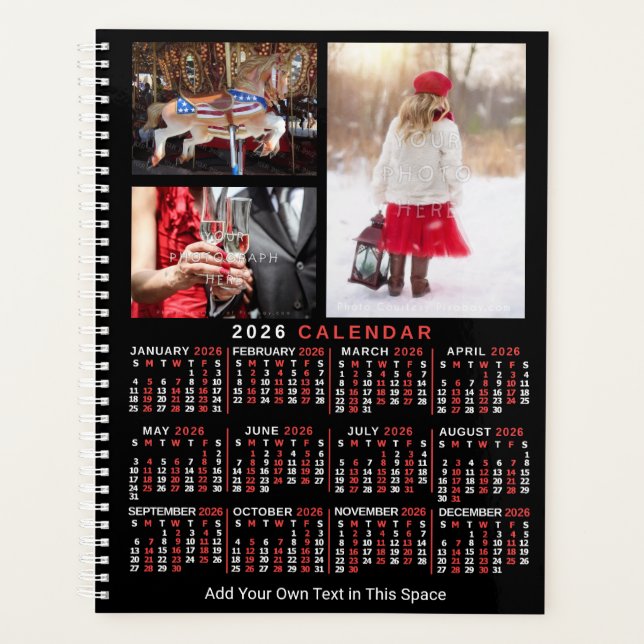 2026 Year Monthly Calendar Black Custom 9 Photos Planner (Front)
