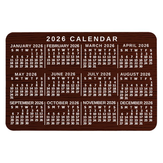 2026 Year Monthly Calendar Brown Wood Grain Simple Magnet (Horizontal)