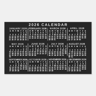 2026 Year Monthly Calendar Classic Black and White Rectangular Sticker