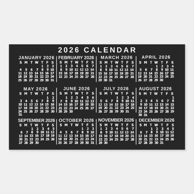 2026 Year Monthly Calendar Classic Black and White Rectangular Sticker (Front)