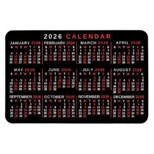 2026 Year Monthly Calendar Classic Black Red White Magnet