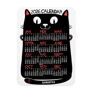 2026 Year Monthly Calendar Mid-Century Black Cat Magnet