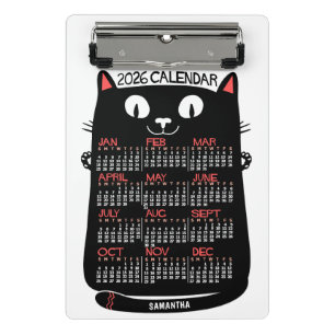 2026 Year Monthly Calendar Mid-Century Black Cat Mini Clipboard