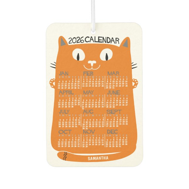 2026 Year Monthly Calendar Mid-Century Orange Cat Car Air Freshener (Front)