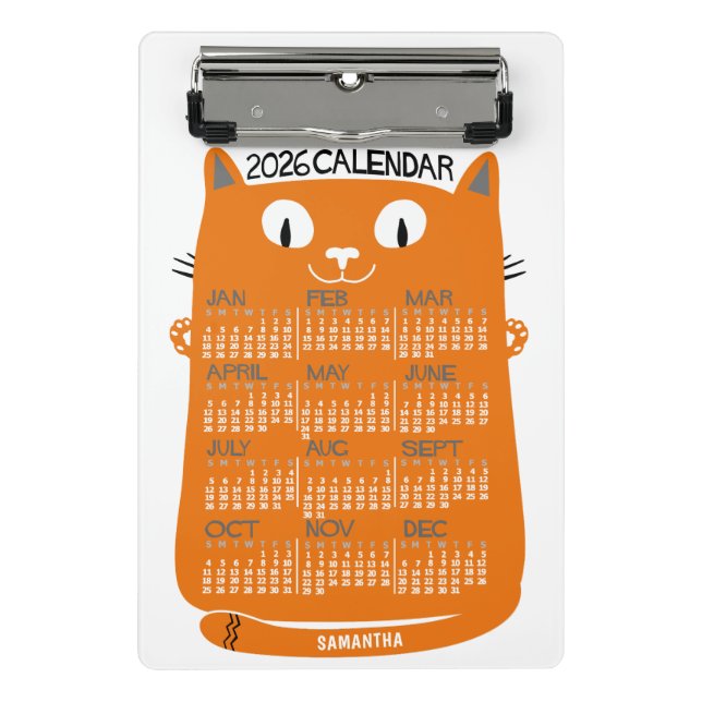 2026 Year Monthly Calendar Mid-Century Orange Cat Mini Clipboard (Front)