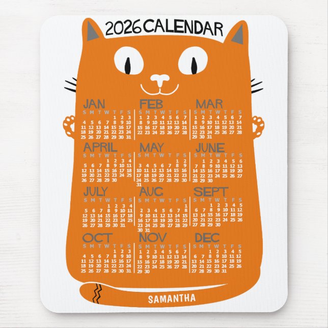 2026 Year Monthly Calendar Mid-Century Orange Cat Mouse Pad (Front)
