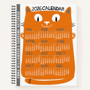 2026 Year Monthly Calendar Mid-Century Orange Cat Notebook