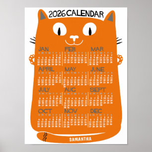 2026 Year Monthly Calendar Mid-Century Orange Cat Poster
