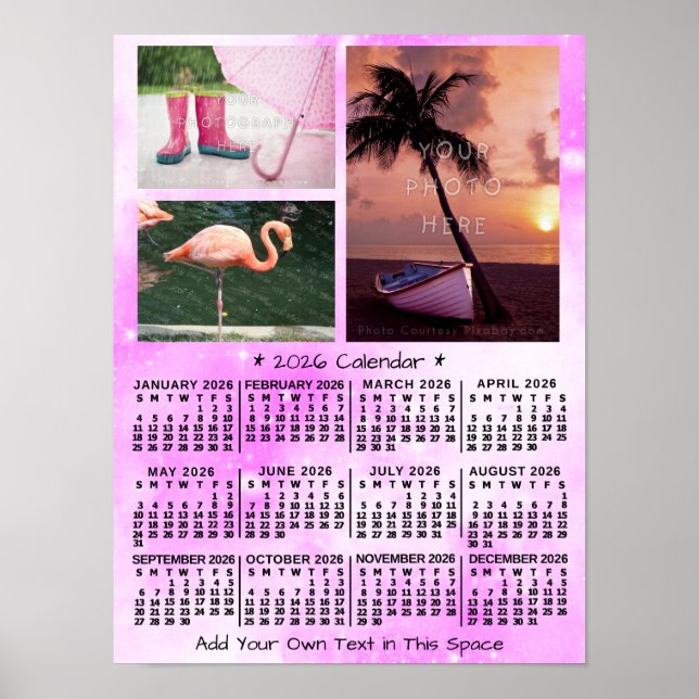 2026 Year Monthly Calendar Pink Watercolor 3 Photo Poster (Front)