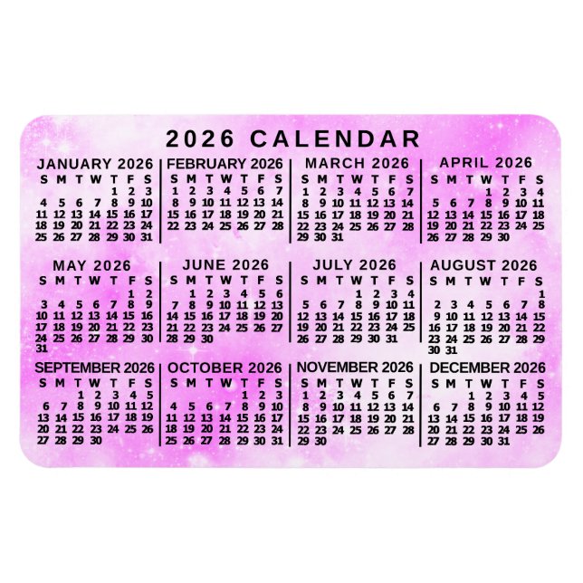 2026 Year Monthly Calendar Pink Watercolor Stars Magnet (Horizontal)