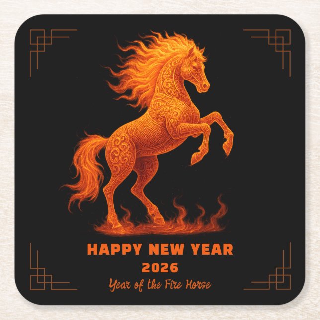 2026 Year of the Fire Horse Chinese Zodiac Square Paper Coaster (Front)