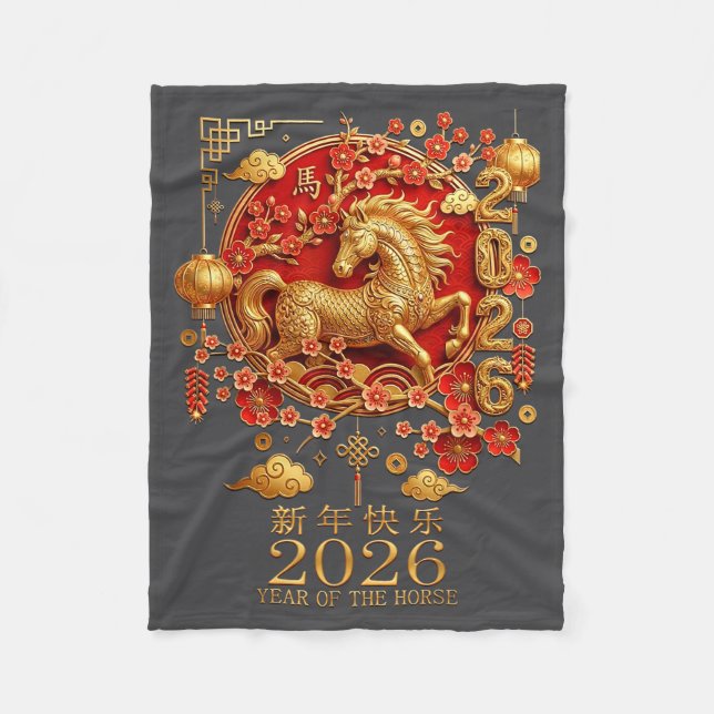 2026 Year Of The Horse Red Chinese New Year Lunar  Fleece Blanket (Front)