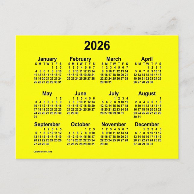 2026 Yellow Mini Calendar by Janz Postcard (Front)