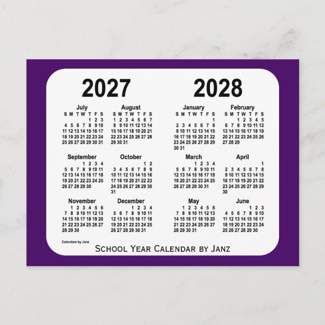2027-2028 Purple Mini School Year Calendar by Janz Postcard (Front)