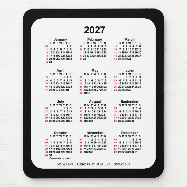 2027 Black 52 Weeks ISO Calendar by Janz Two Tone Mouse Pad (Front)