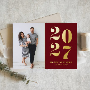 2027 Bold Typography Burgundy New Year Photo Foil Holiday Card