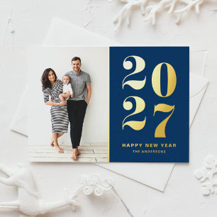 2027 Bold Typography Navy Blue New Year Photo Foil Holiday Card