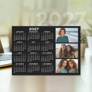 2027 Calendar 3 Photos Basic Black Minimal Holiday Card
