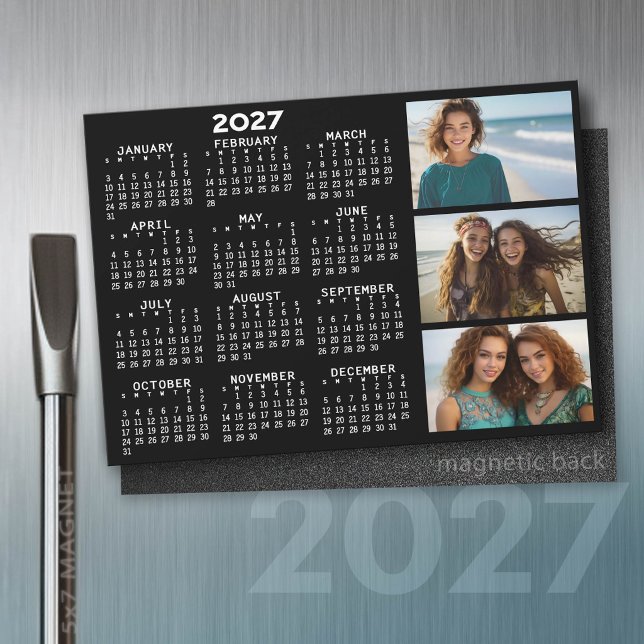 2027 Calendar 3 Photos Basic Black Minimal Magnet (2027 Calendar Magnet)