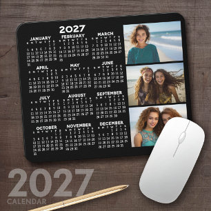 2027 Calendar 3 Photos Basic Black Minimal Mouse Pad