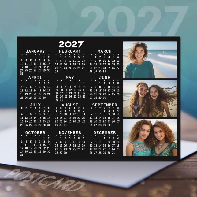 2027 Calendar 3 Photos Basic Black Minimal Postcard (2027 Calendar Postcard with photo)