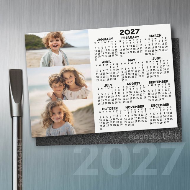 2027 Calendar - 3 Photos Basic Black White Magnet (2027 Calendar Magnet)