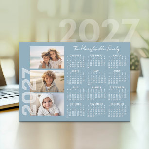 2027 Calendar 3 Photos Basic Blue Minimal Holiday Card