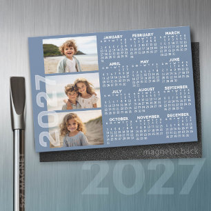 2027 Calendar - 3 Photos Basic Blue Minimal Magnet