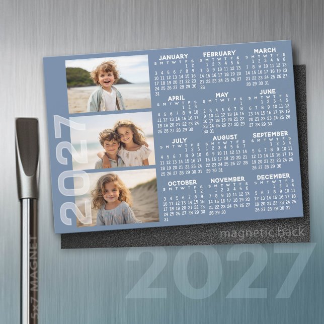 2027 Calendar - 3 Photos Basic Blue Minimal Magnet (2027 Calendar on a magnet)